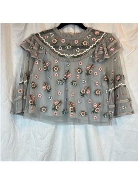 Needle & Thread Floral Embroidered Ruffle Sheer 3/4 Bell Sleeve blouse